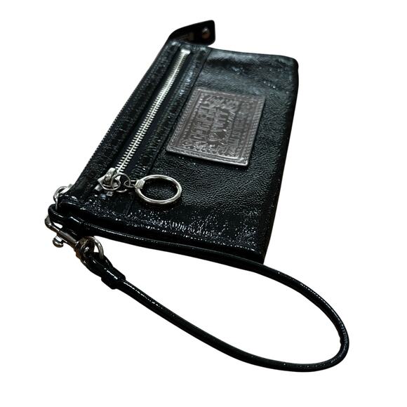 Coach Poppy Wristlet black pebbled & patent leather purse wallet clutch top zip - Picture 2 of 11